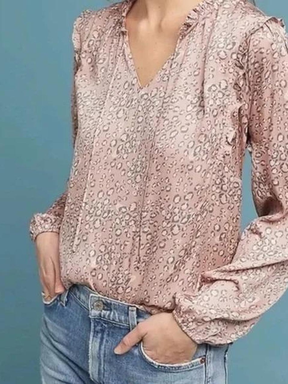 Anthropologie | Women's Pink Animal-Print V-Neck Blouse